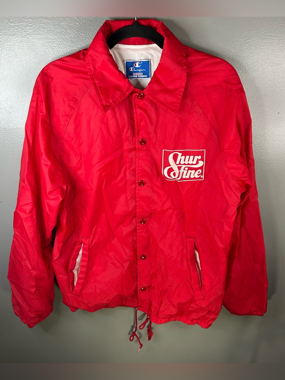 Vintage 80s Champion Shur Fine Red Snap Button Jacket Size Medium